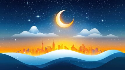 Obraz premium Flat vector skyline silhouette with dynamic geometric shapes, creating a strong contrast between light and dark elements, expressing the pulse of modern city living.