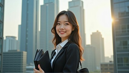 Confident Asian Businesswoman Walking Through the City – Professional and Ambitious Career Woman in an Urban Environment