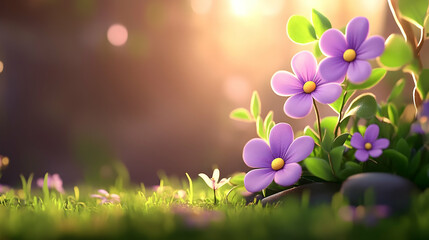 Obraz premium Purple flowers in a garden setting, bathed in sunlight, creating a serene and peaceful background for a spring or summer scene