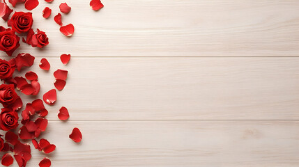 Red roses and petals on wood surface. Romance, celebration or flower background. Use for valentine, love and gift concepts