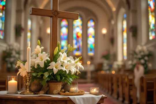 Solemn Easter Day cross adorned with radiant white lilies and shimmering candles illuminate a tranquil church altar