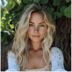 Naklejka premium Young woman with long wavy blonde hair and freckles posing for a selfie in a natural environment