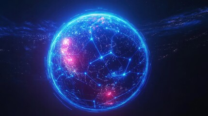 3D-rendered globe with bright blue network links connecting major cities, symbolizing worldwide internet connectivity, digital communication, and global business, isolated on dark gradient background.