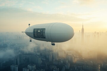 Naklejka premium Futuristic Airship Floating Above Urban Skyline at Sunrise