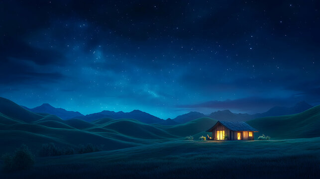 Rustic cabin illuminated at night beneath a starry sky on rolling hills, evoking peace for travel or serenity