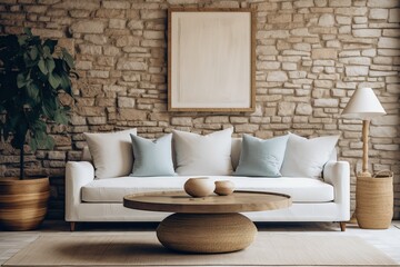 Cozy and Modern Living Room with Stone Wall and Natural Decor in French Farmhouse Style, Featuring a White Sofa and Minimalist Accessories