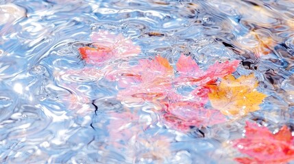 Colorful autumn leaves on rippled water surface