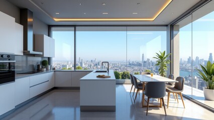 Flat Screen TV Mockup, Futuristic kitchen cityscape flat screen TV integration photorealistic.