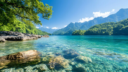 Scenic lake view in mountain valley for tourism promotion. Clear water, stones, forest, and sky
