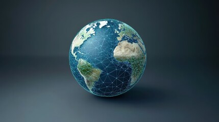 Fototapeta premium 3D-rendered globe with bright blue network links connecting major cities, symbolizing worldwide internet connectivity, digital communication, and global business, isolated on dark gradient background.