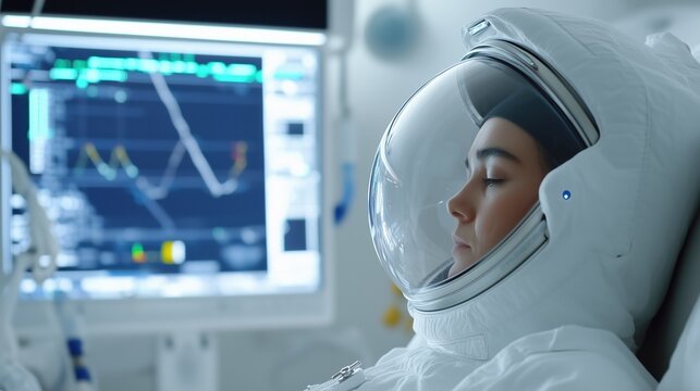 Astronaut in Cryosleep: A female astronaut rests peacefully in a cryosleep chamber, her face serene beneath the visor of her spacesuit. A medical monitor displays vital signs in the background.