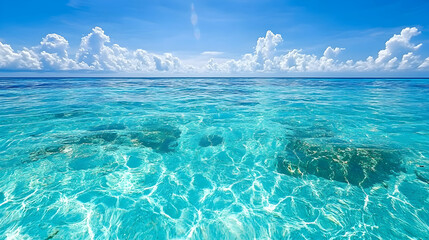 Serene turquoise sea with sun rays over coral reefs. Clear skies with fluffy clouds background for relaxation, travel, or nature concepts