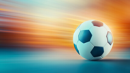 Fototapeta premium A high-speed football with motion blur, glowing orange and yellow light trails curving into the horizon at sunset. A dynamic urban scene capturing energy and action.