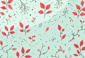 Red leaves and flowers scattered across a light blue background, with some branches and berries interspersed throughout. Vector patterns, random pattern