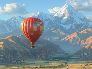 Fototapeta premium Stunning hot air balloon soaring over majestic snowcapped mountains and a picturesque valley. Ideal for travel, adventure, and freedom concepts. Captures breathtaking scenery and peaceful serenity.