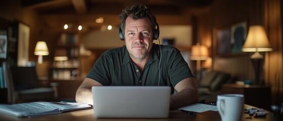 Fototapeta premium Man works from home, laptop, headphones