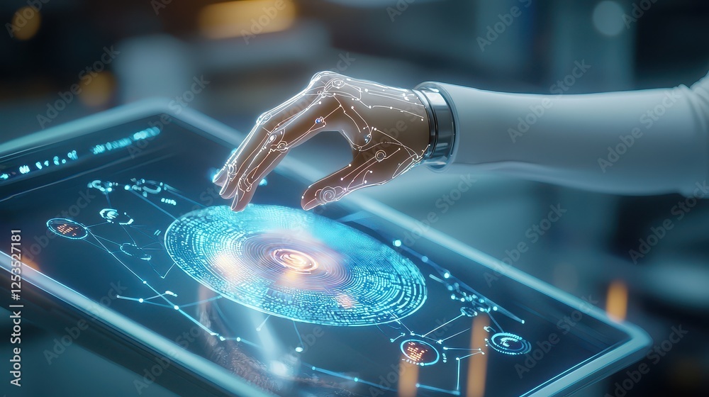 Poster self-learning ai system, futuristic holographic interface processing data in real-time, radiating co