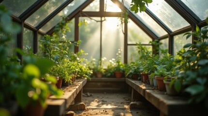 A close-up of a small greenhouse showcasing the arrangement of plants and the play of light through the glass, creating a serene and inviting atmosphere