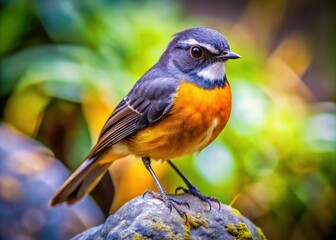 Fototapeta premium Capture Kerikeri fantails' vibrant plumage perched on rocks; stunning New Zealand wildlife photography.