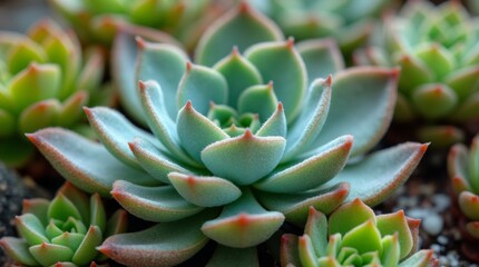 Fototapeta premium A close-up of a succulent arrangement highlighting the unique textures and colors of each plant, emphasizing the intricate details that make succulents so appealing