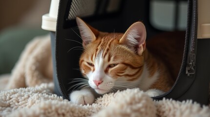 A close-up shot of a cat comfortably resting inside a pet carrier, surrounded by a cozy blanket. 