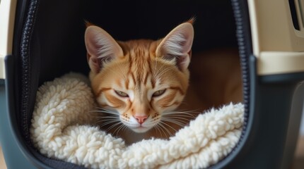 A close-up shot of a cat comfortably resting inside a pet carrier, surrounded by a cozy blanket. 