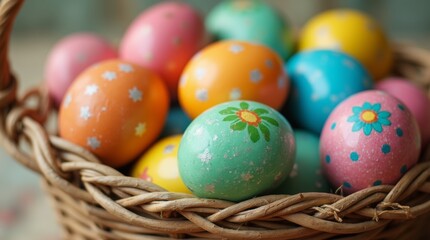 A close-up view of a basket filled with an assortment of colorful Easter eggs, each uniquely decorated. 