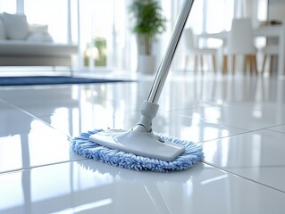 A white and blue mop is on a tile floor. The mop is wet and has a blue handle