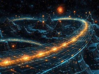 Futuristic timeline with glowing checkpoints representing longterm business strategy