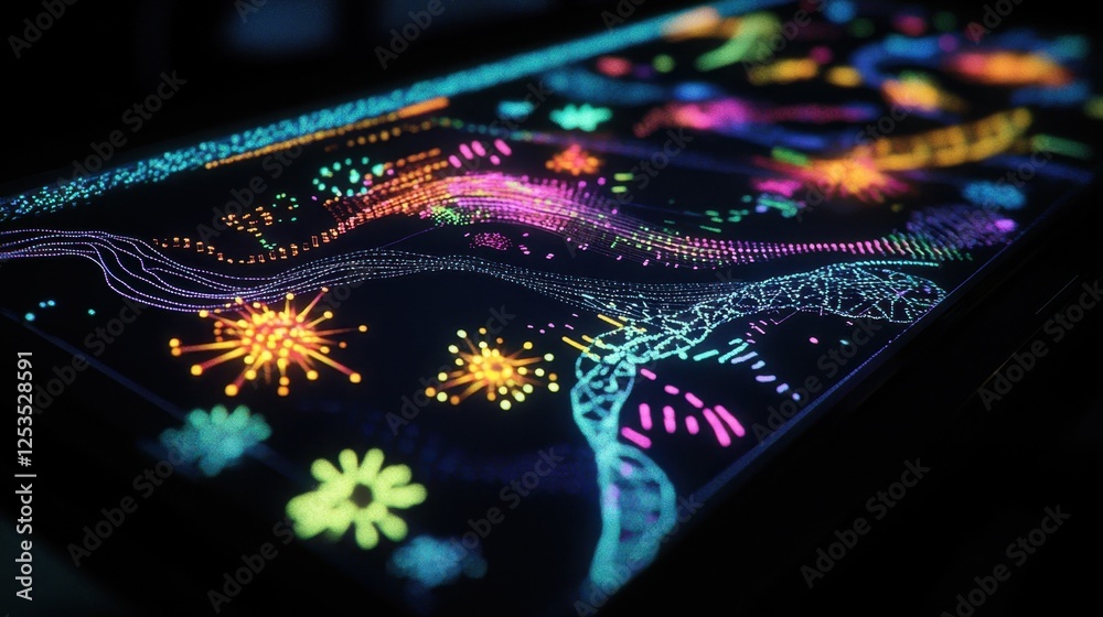 Poster dynamic display of colorful, abstract patterns representing scientific data on a digital screen. bri