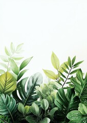Vibrant green leaves create a fresh and lively botanical composition on a white background.