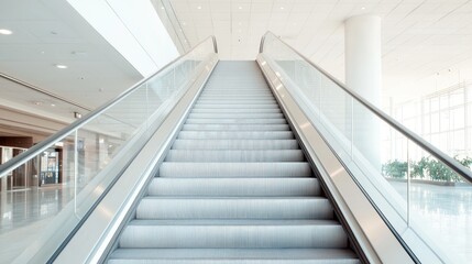Escalator in modern building, bright interior, plants visible, travel