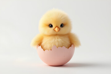 Adorable fluffy chick emerging from a pastel pink Easter egg shell symbolizes spring's arrival and new beginnings on a seamless white background