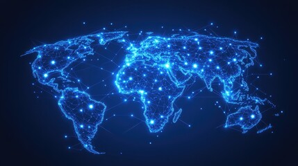 Abstract digital background featuring a glowing Earth with interconnected nodes, representing the internet, blockchain technology, and global data exchange, high-tech business and communication theme.