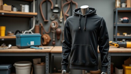Fototapeta premium Fleece Hoodie Mockup, Workshop scene metal mannequin fleece hoodie photorealistic.