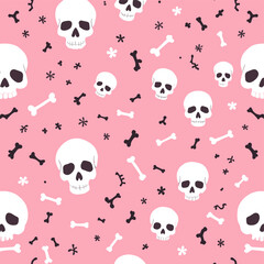 White skulls and bones scattered across a pink background, with black flowers interspersed throughout. Vector patterns, random pattern