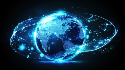 Obraz premium Abstract digital background featuring a glowing Earth with interconnected nodes, representing the internet, blockchain technology, and global data exchange, high-tech business and communication theme.