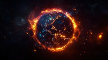 Abstract digital background featuring a glowing Earth with interconnected nodes, representing the internet, blockchain technology, and global data exchange, high-tech business and communication theme.