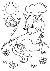 Cute unicorn coloring. Unicorn in a meadow with a dragonfly. Black and white coloring.