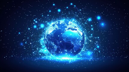 Fototapeta premium Abstract digital background featuring a glowing Earth with interconnected nodes, representing the internet, blockchain technology, and global data exchange, high-tech business and communication theme.