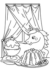 Cute unicorn coloring. Unicorn with desserts. Sweets, pudding, ice cream. Black and white coloring.