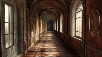 Fototapeta premium Mysterious Long Hallway in an Old Palace