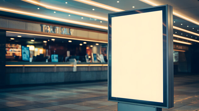 blank showcase billboard or advertising light box for your text message or media content with blurred image of ticket sales counter at movie theater, advertisement, marketing, entertainment concept