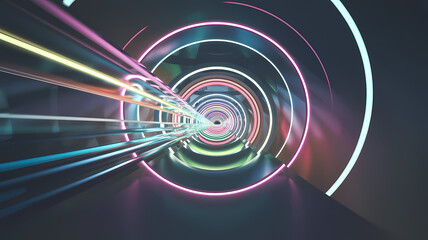 Vibrant Neon Tunnel Creates a Mesmerizing Journey Through Light and Color, Inviting Viewers to Explore an Infinite Realm of Imagination and Creativity. Generative AI