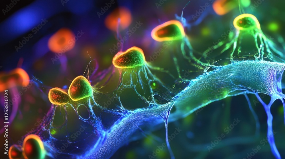Poster stunning visualization of neural connections, showcasing colorful synapses and dendrites. the intric