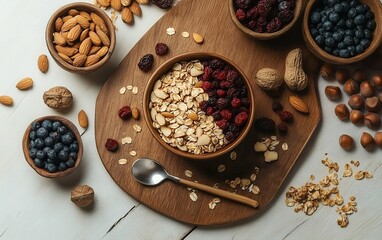 Organic oatmeal bowl with dried fruits nuts and fresh blueberries on a rustic wooden board for a healthy breakfast packed with protein and nutrients