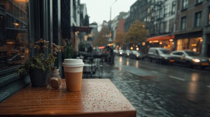Cozy coffee moment rainy city street beverage urban environment close-up view warmth and comfort amidst the rain