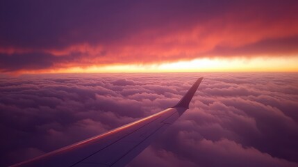Obraz premium Close-up view of an airplane wing cutting through vibrant orange and purple sunset skies, surrounded by puffy clouds in a serene travel scene.
