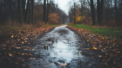 Rainy pathway adventure autumn forest wet environment low angle view nature's beauty in transition