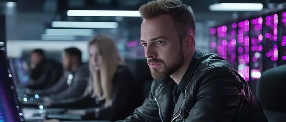 Focused coder works late. Team in background.  Data center. Stock photo